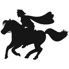 young prince quickly rides a horse in a crown and cape