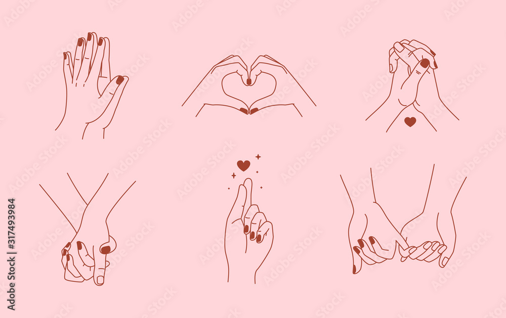 Poster Vector set of abstract logo design template in simple linear style - holding hands gestures