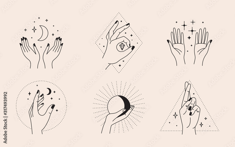 Poster Vector set of abstract logo design template in simple linear style - hands and stars - mystic abstract symbols