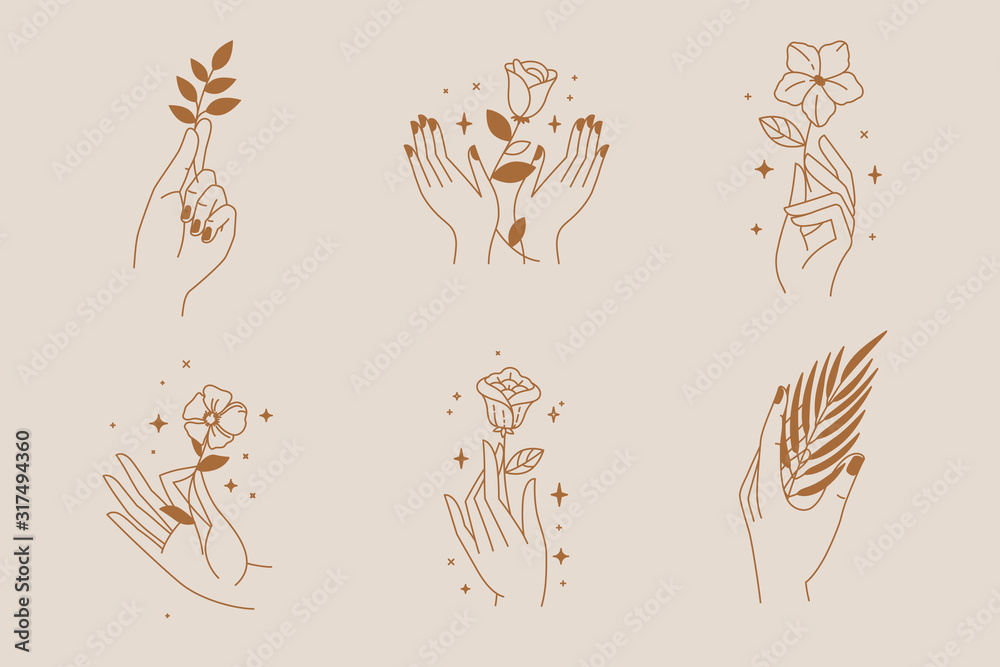 Poster Vector abstract logo and branding design template in trendy linear minimal style - hand holding leaf- concept for natural beauty and organic skincare products