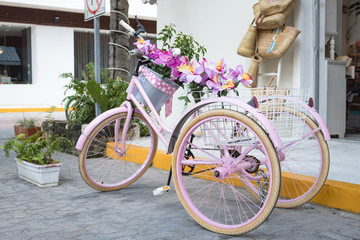 bicicleta  rosa con flores 