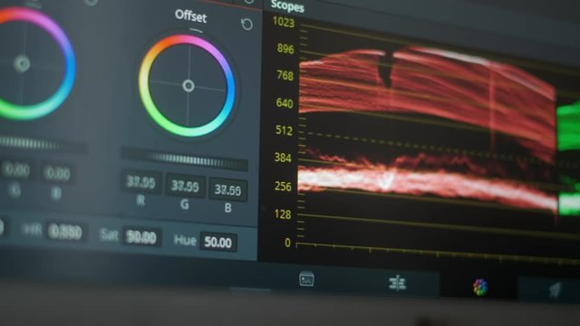 The software interface for color grading video in film and television. Professional post production for photos and videos. Image color correction.
