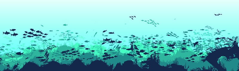 Silhouette of fish and algae on the background of reefs. Underwater ocean scene. Deep blue water, coral reef and underwater plants. a beautiful underwater scene; a vector seascape with reef.	