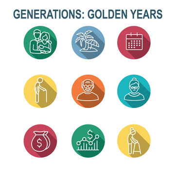 Generations - Golden Years Icon Set with retirement calendar , money, etc