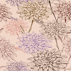 Pink floral pattern. Hand drawn chrysanthemum flowers on a pink background. Seamless vector backdrop