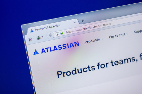 Ryazan, Russia - June 05, 2018: Homepage of Atlassian website on the display of PC, url - Atlassian.com.