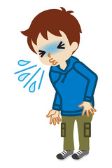 Toddler boy suffering from sneeze - flu symptom clip art, full length