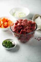 Raw beef with vegetables ready for cooking