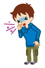 Toddler boy suffering from cough - flu symptom clip art, full length