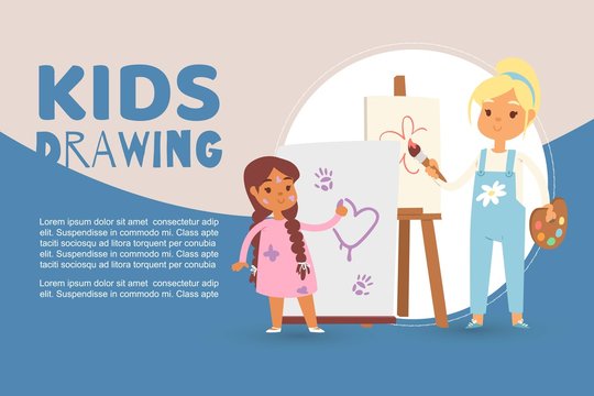 Kids in art class drawing pictures vector illustration. Cartoon caucasian girls drawing with paint brushes, colors and crayons and easel. Children painting web banner or poster with text.