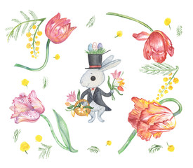 Obraz na płótnie Canvas Hand drawn watercolor Easter set,fun easter rabbit with spring flowers
