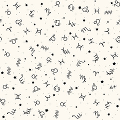 Seamless astrology vector pattern with horoscope signs and small stars. Mystic monocrome backround for fortunetelling concept