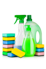 House cleaning supplies. Plastic bottles with detergent and sponge isolated on white background