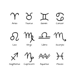Set of twelve simple zodiac signs, handrawn vector elements. Astrology monochrome icons.