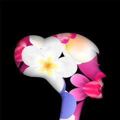 Paper cut silhouette of woman with colorful flowers isolated on a white background. Vector stock illustration.
