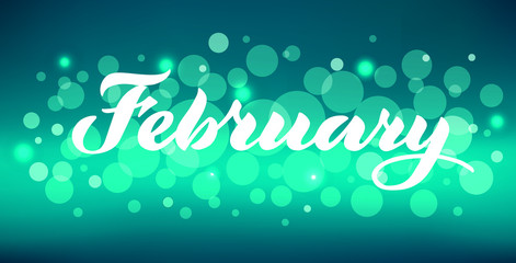 February - vector lettering of hand drawn.  Blue illustration with mittens and snowflakes isolated on white.  Lettering, handwritten words, design elements. EPS 10