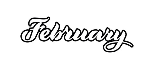 February - vector lettering of hand drawn. White and  black illustration  isolated on white.  Lettering, handwritten words, design elements. EPS 10
