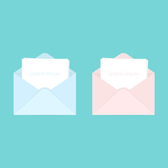 Set of two envelops with cards inside. Blue and pink envelops with cards inside. Baby shower invitation template vector illustration. Boy vs Girl. Gender reveal parties. Design of shower card.