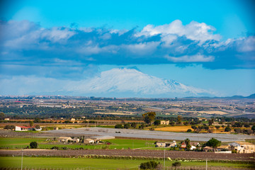 View of Mount Etna from Vittoria Countryside, Ragusa, Sicily, Italy, Europe