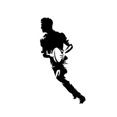 Fototapeta na wymiar Rugby player running with ball, isolated vector silhouette, ink drawing