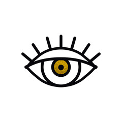Open gold eye line icon on white background. Look, see, sight, view sign and symbol. Vector linear graphic element. Optical and search theme in minimal design style. Golden eye with eyelashes.
