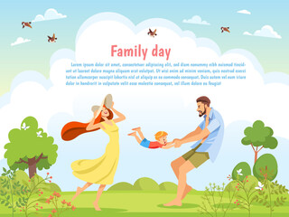 Happy family playing in the nature on a sunny day. Poster, card family day. Concept of friendly family and Parenthood child-rearing walking with kids in nature. Vector cartoon illustration