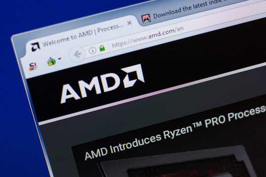 Ryazan, Russia - June 16, 2018: Homepage of AMD website on the display of PC, url - AMD.com.