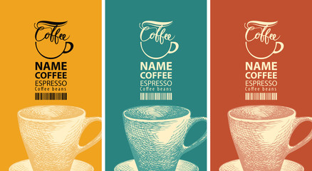 Set of three vector labels for coffee beans. Coffee labels with hand-drawn cups and barcodes on different colored backgrounds