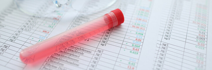 Testing tube with red liquid lying at chemical composition data table close-up