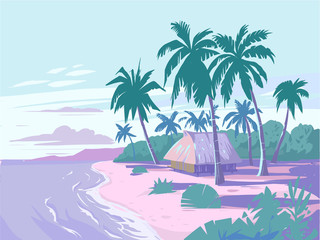 Fototapeta na wymiar Tropical landscape with bungalow, palm tree, beach. Vector illustration