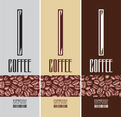 Vector set of three vertical coffee labels with coffee beans and barcode on the striped background. Labels for coffee beans of different colors for various types of coffee