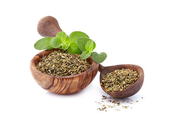 Oregano or marjoram leaves isolated on white background. Oregano fresh and dried.