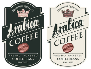 Set of two vector labels for freshly roasted coffee beans in retro style. Coffee labels with inscriptions Arabica, hand-drawn coffee beans and crowns in figured frames.