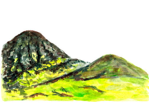 Hand drawn watercolor vivid landscapes of island mountain countries, Scotland, Britain. Rocky peaks, green hills, grass isolated on a white background. For tourism postcards, prints.