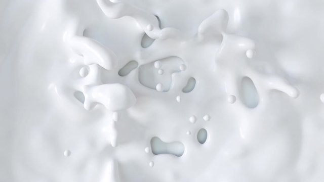 Fresh 3D white liquid with drops. Liquid explosion with splashing milk drops. Top view of realistic liquid simulation. 4k animation.