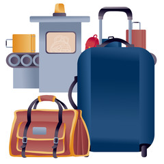 luggage from a suitcase and a large bag for hand luggage stands in front of the tape on which suitcases and bags are checked,