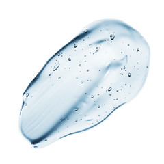 Transparent clear blue liquid serum gel smudge with bubbles isolated on white background