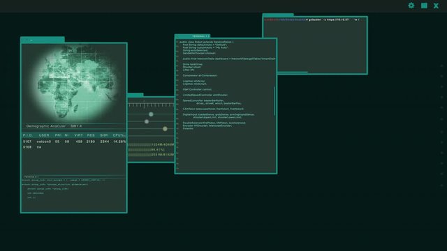Virtual interface or HUD displaying multiple windows with hacker code running on them