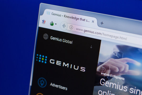 Ryazan, Russia - June 16, 2018: Homepage of Gemius website on the display of PC, url - Gemius.com.