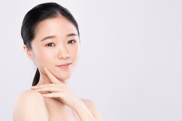 Portrait beautiful young asian woman clean fresh bare skin concept. Asian girl beauty face skincare and health wellness, Facial treatment, Perfect skin, Natural make up, on white background,two