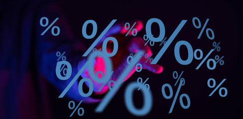 hand touches virtual percent icon