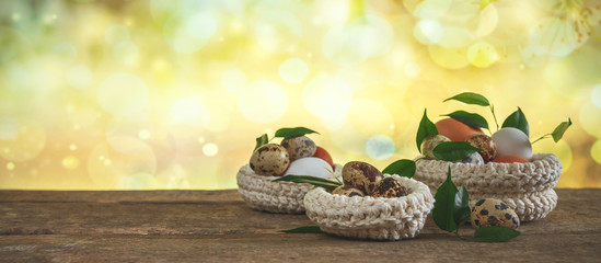 Easter zero waste, environmentally eco friendly packaging craft for eggs handmade, gift basket, cozy religious holiday Easter, environmental concept eco friendly banner decor