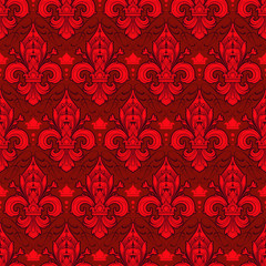 seamlessly tiling red fleur-de-lis pattern on a dark background - perfect for luxury designs as wallpaper for gift wrapping or digital scrapbooking