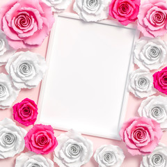 Valentines template blank card with frame and pink tone color roses on pastel background 3d rendering. 3d illustration sweet heart and Valentines Day greeting card template minimal concept.