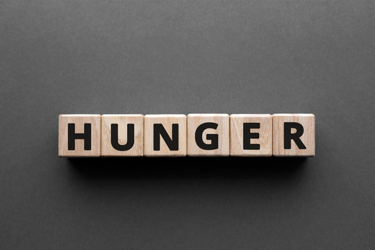 Hunger - words from wooden blocks with letters, need to eat hunger concept, top view gray background