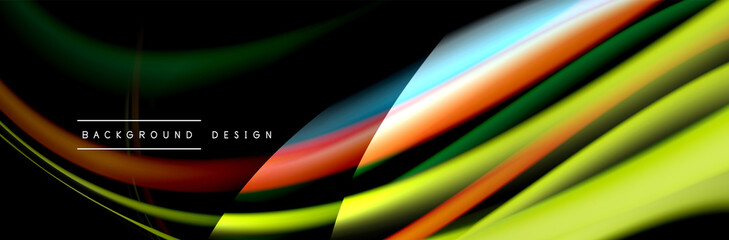 Сolorful flow poster. Wave liquid lines and shapes in black color background. Vector Illustration