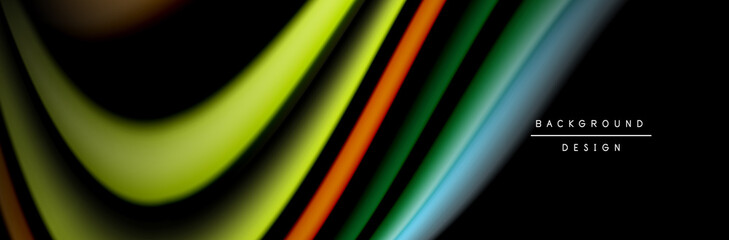 Сolorful flow poster. Wave liquid lines and shapes in black color background. Vector Illustration