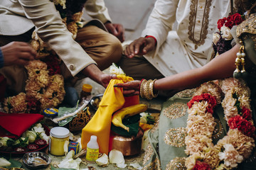 Traditional indian wedding ritual, marriage concept, wedding ceremony with spices and gifts