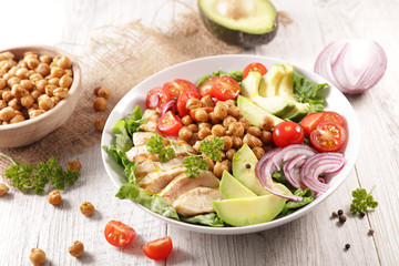 health food, buddhal bowl, vegetable salad with grilled chicken