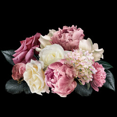 Pink peony, white roses, hydrangea isolated on black background. Floral arrangement, bouquet of garden flowers. Can be used for wedding invitations, greeting card.
